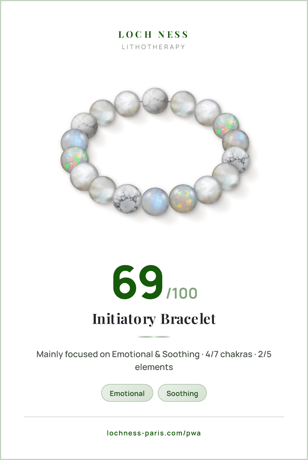 Score card Initiatory Bracelet, natural stone bracelet 69/100, made of Howlite (×4), Mother of Pearl (×4), Freshwater Pearl (×4), Opale (×3), Moonstone (×3)