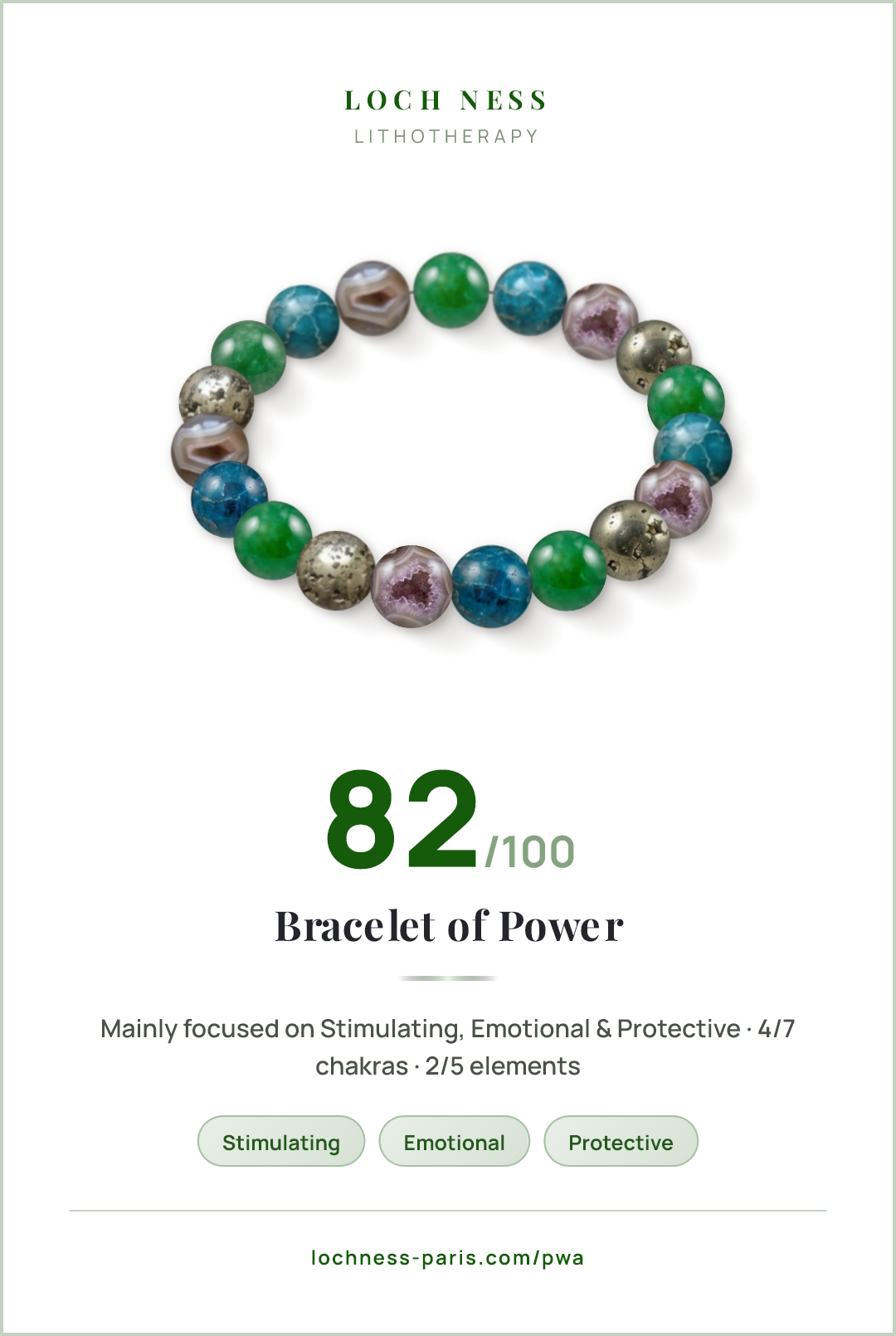 Score card Bracelet of Power, natural stone bracelet 82/100, made of Green Dyed Quartz (Malaysia Jade) (×5), Blue Apatite (×5), Geode Agate (×5), Pyrite (×4)