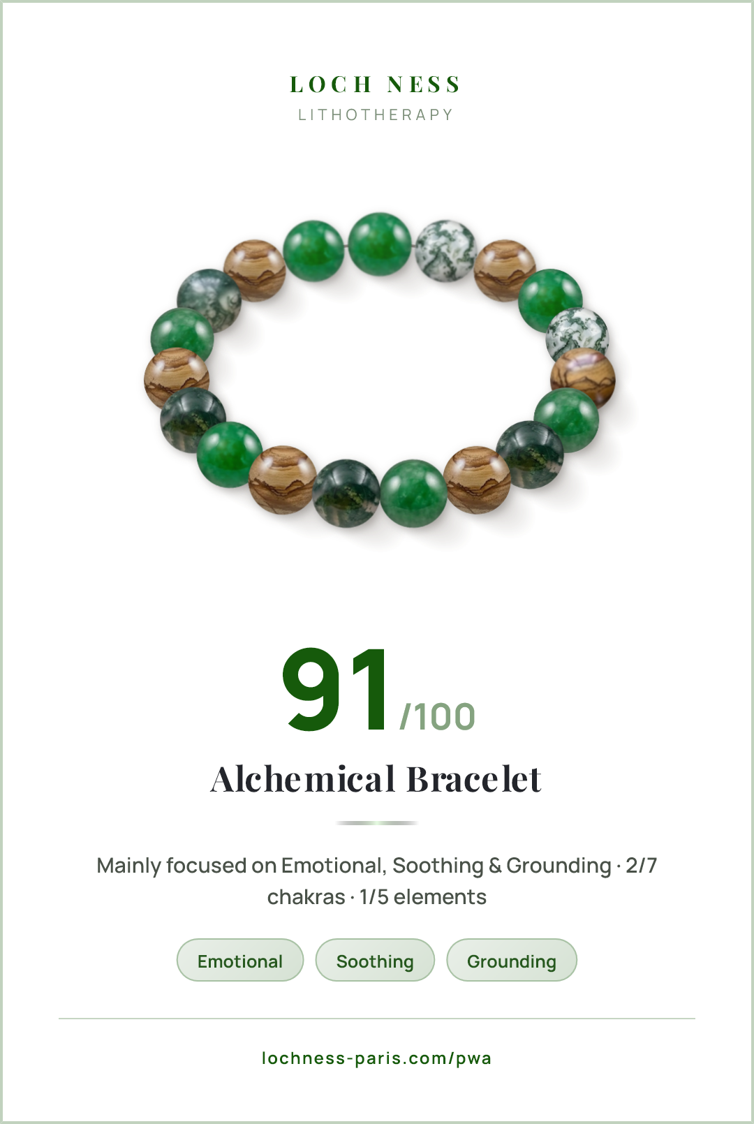 Score card Alchemical Bracelet, natural stone bracelet 91/100, made of Green Dyed Quartz (Malaysia Jade) (×7), Moss Agate (×6), Picture Jasper (×6)