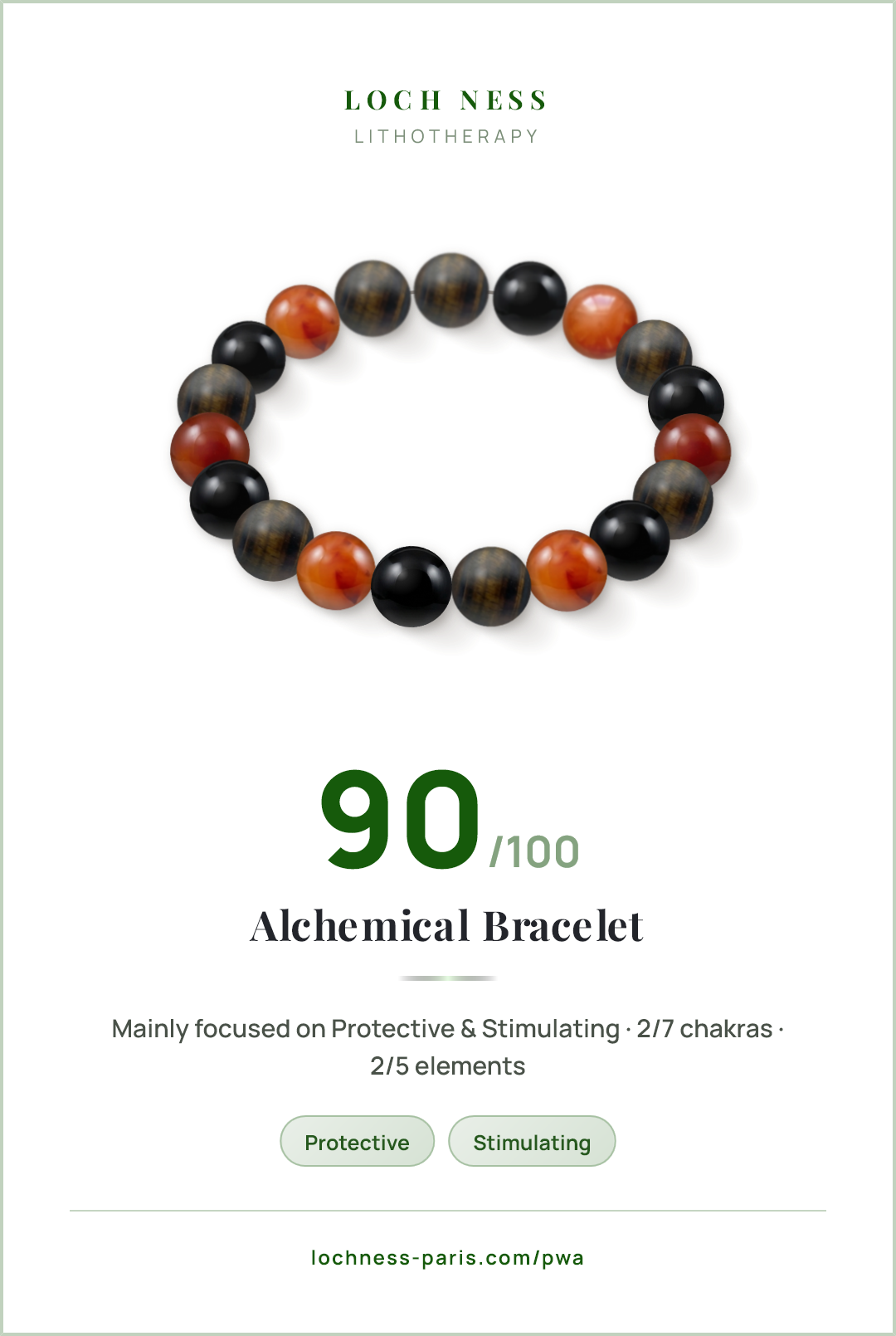 Score card Alchemical Bracelet, natural stone bracelet 90/100, made of Iron Eye (×7), Black Onyx (×6), Carnelian (×6)