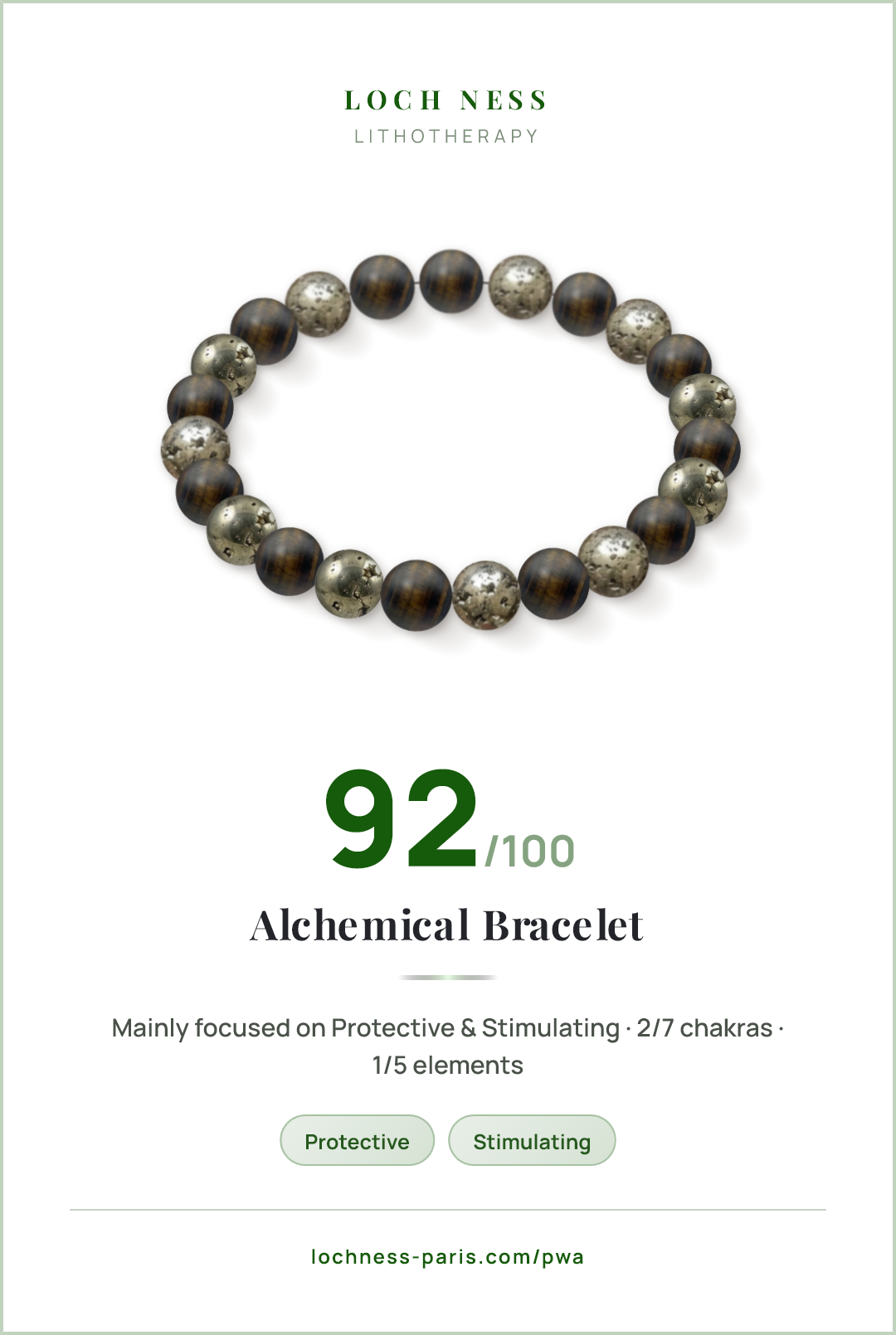 Score card Alchemical Bracelet, natural stone bracelet 92/100, made of Iron Eye (×12), Pyrite (×11)