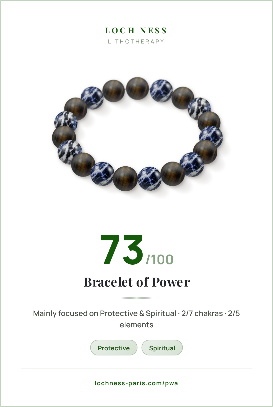 Score card Bracelet of Power, natural stone bracelet 73/100, made of Iron Eye (×10), Zebra Sodalite (×9)