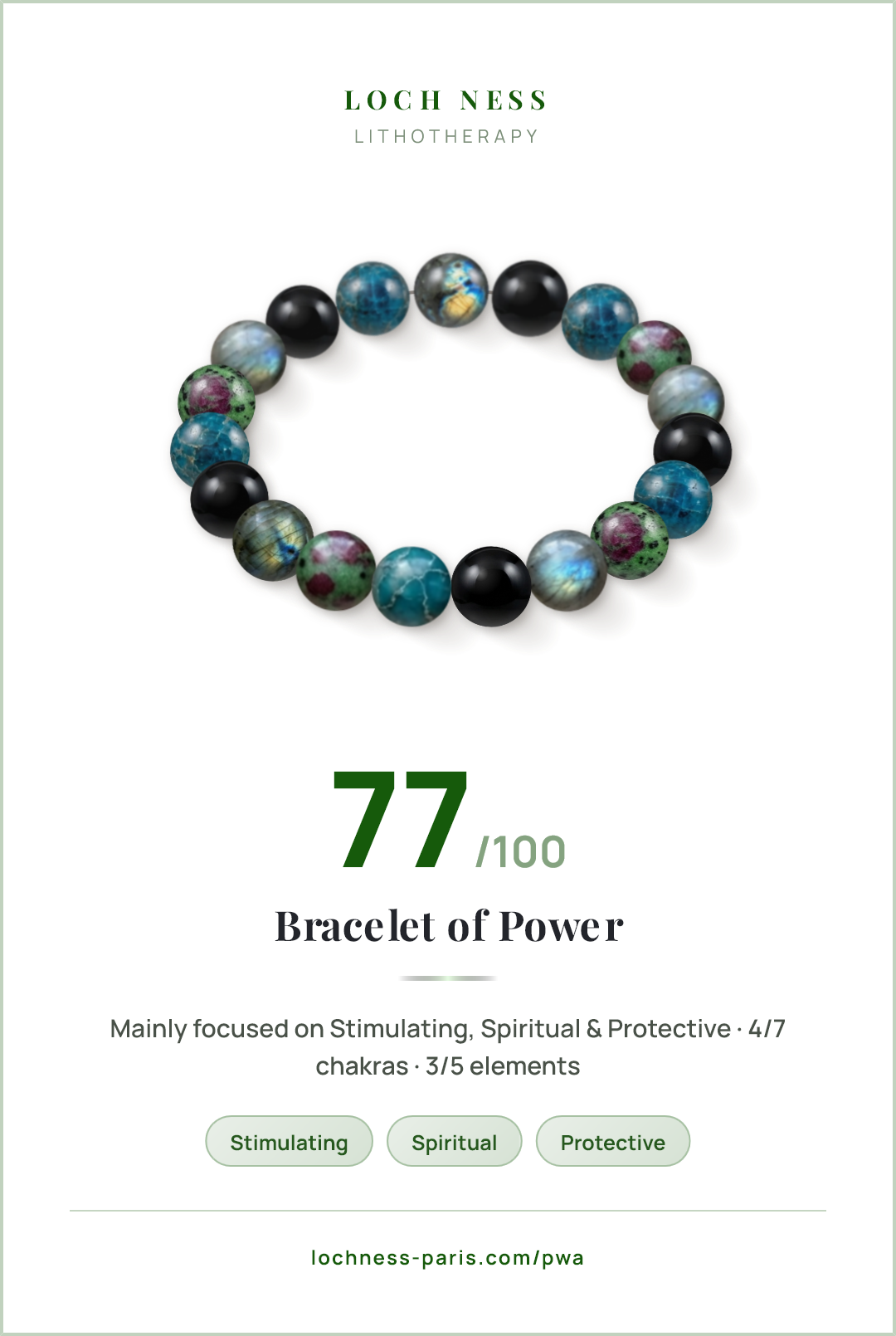 Score card Bracelet of Power, natural stone bracelet 77/100, made of Labradorite (×5), Black Onyx (×5), Blue Apatite (×5), Ruby Zoisite (×4)