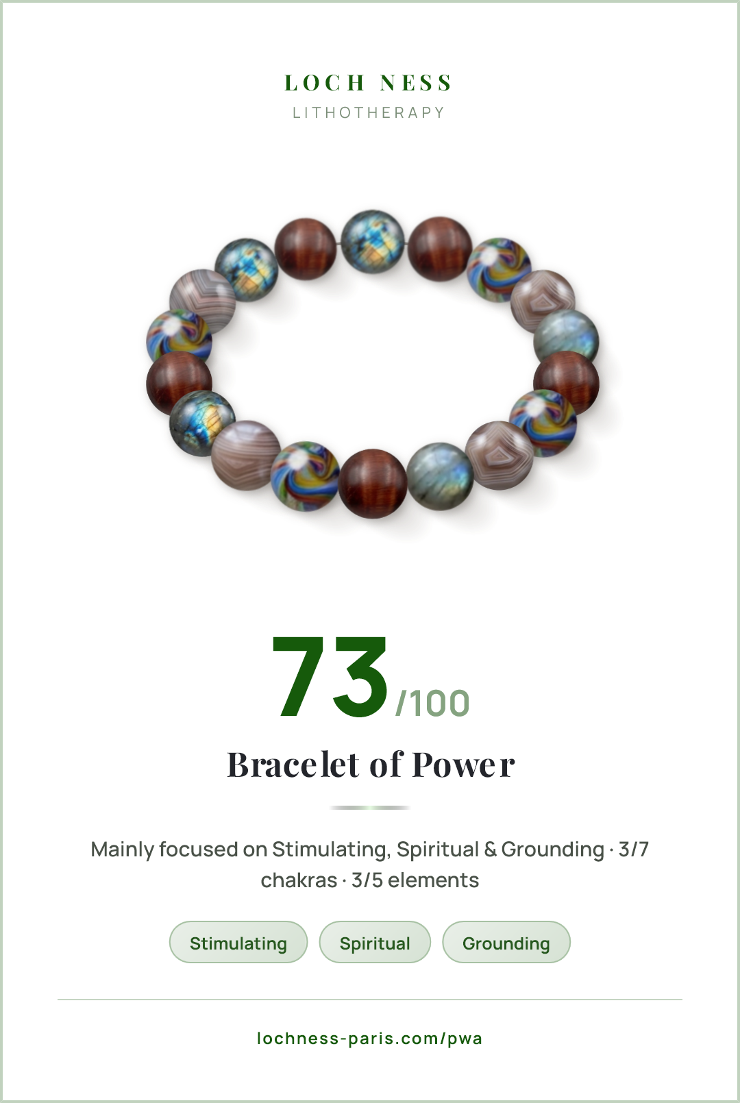 Score card Bracelet of Power, natural stone bracelet 73/100, made of Labradorite (×5), Bull's Eye (×5), Murano Glass (×4), Botswana Agate (×4)