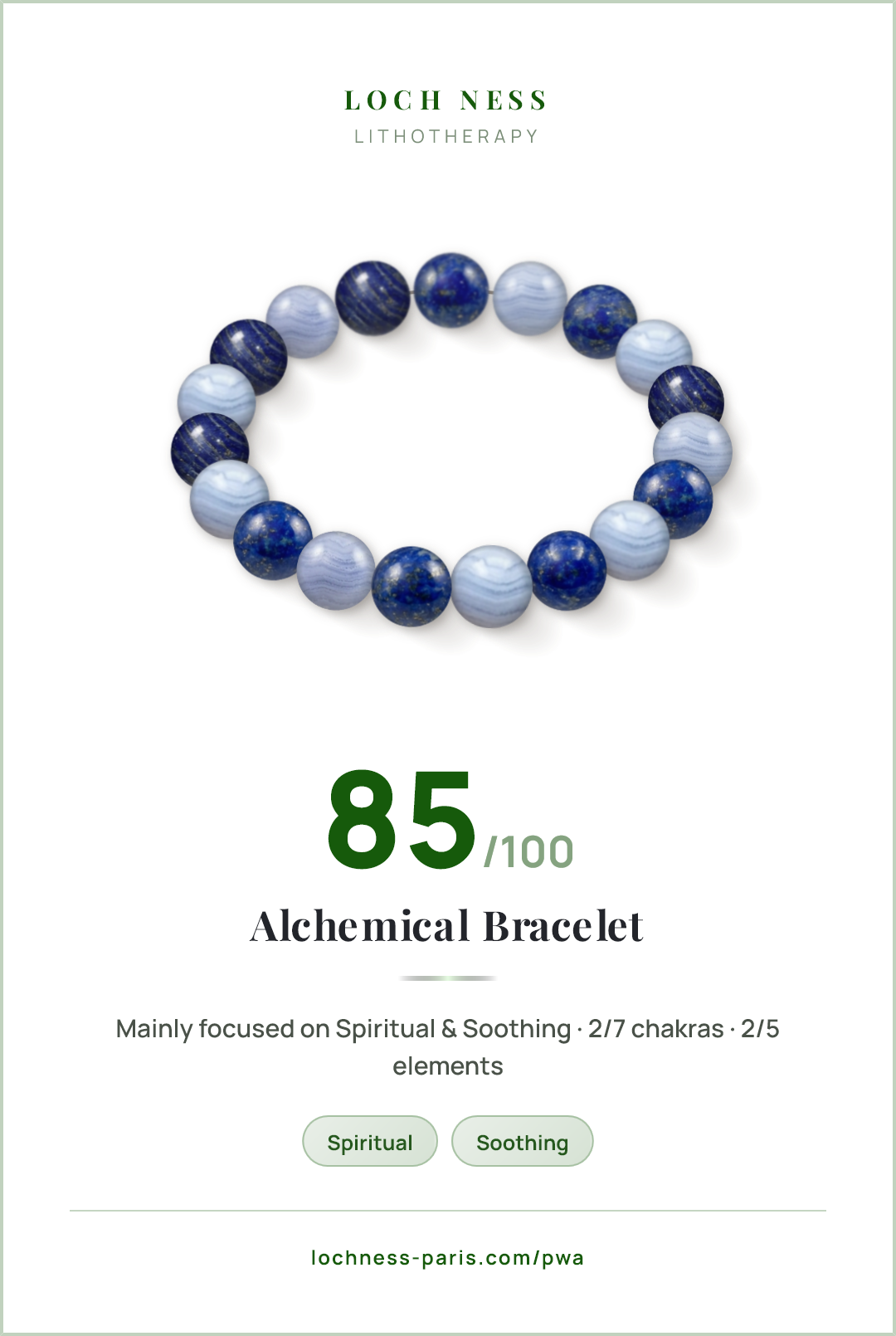 Score card Alchemical Bracelet, natural stone bracelet 85/100, made of Lapis Lazuli (×10), Blue Lace Agate (×9)