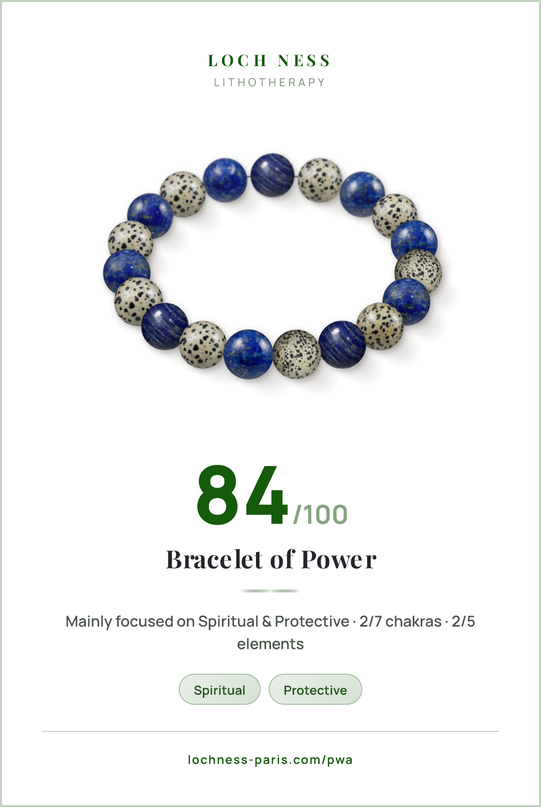 Score card Bracelet of Power, natural stone bracelet 84/100, made of Lapis Lazuli (×10), Dalmatian Jasper (×9)