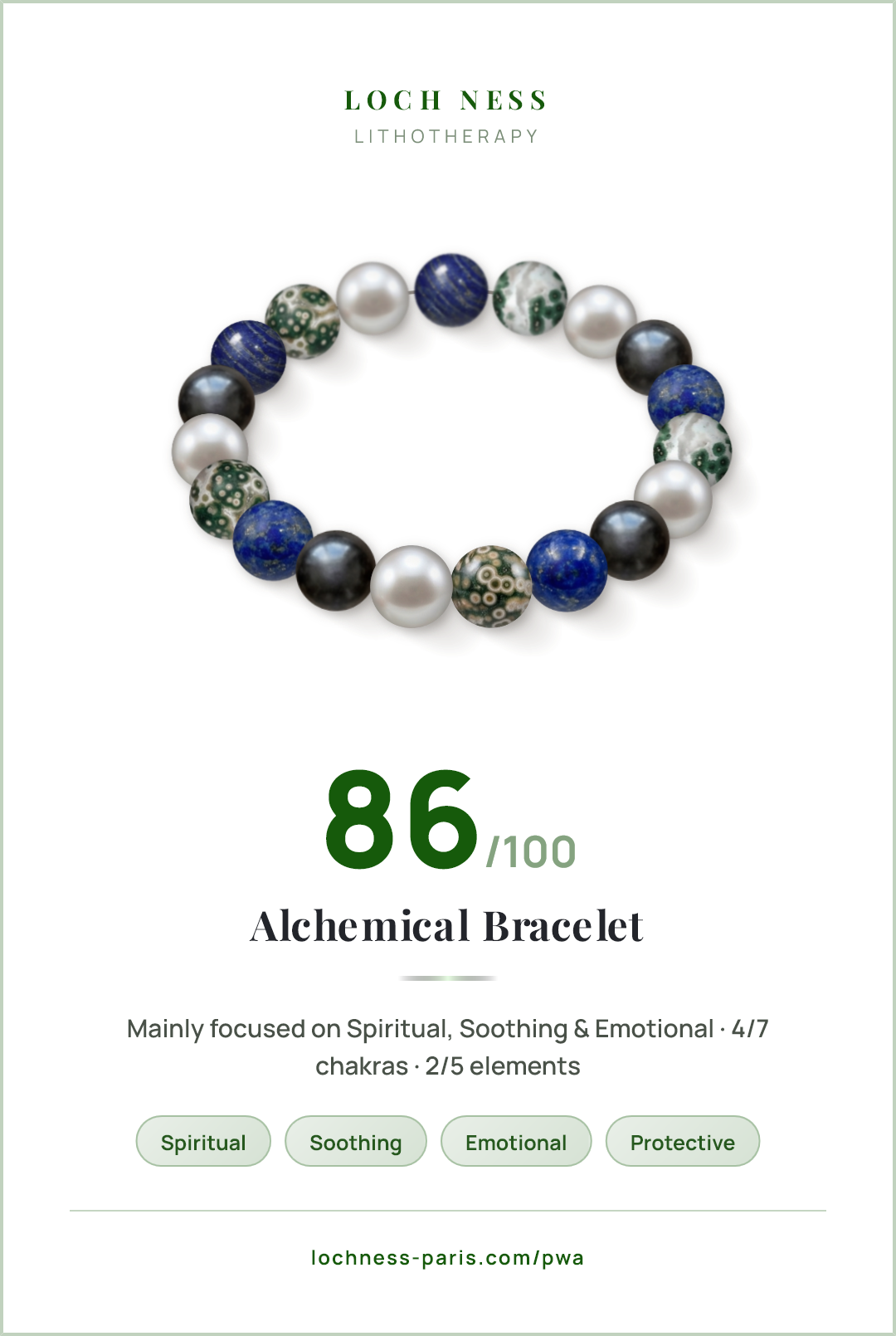 Score card Alchemical Bracelet, natural stone bracelet 86/100, made of Lapis Lazuli (×5), Ocean Jasper (×5), Akoya Pearl (×5), Obsidian (×4)
