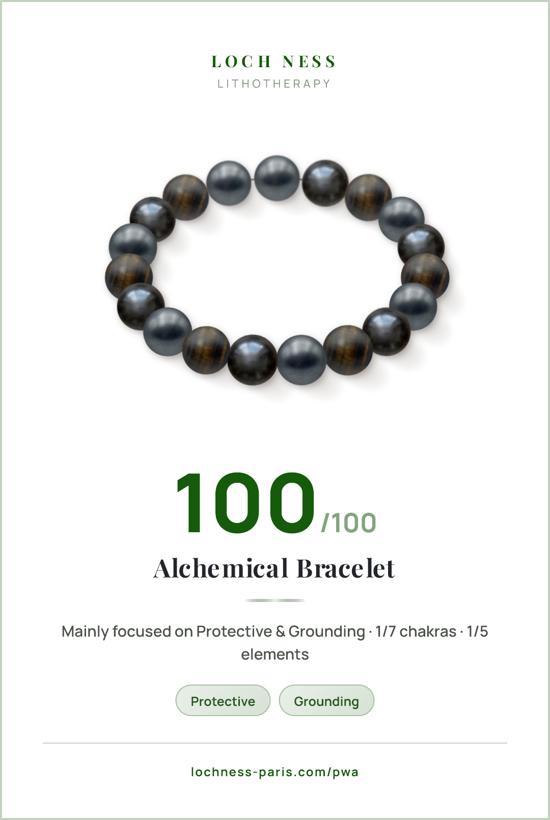 Score card Alchemical Bracelet, natural stone bracelet 100/100, made of Matte Hematite (×7), Obsidian (×6), Iron Eye (×6)