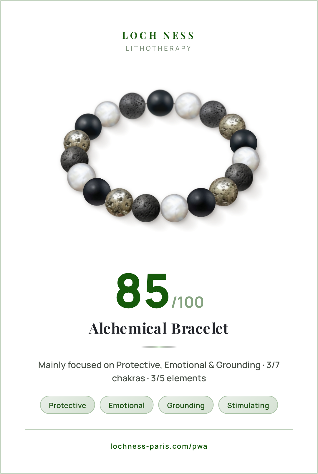Score card Alchemical Bracelet, natural stone bracelet 85/100, made of Matte Onyx (×5), Freshwater Pearl (×5), Lava Stone (×5), Pyrite (×4)