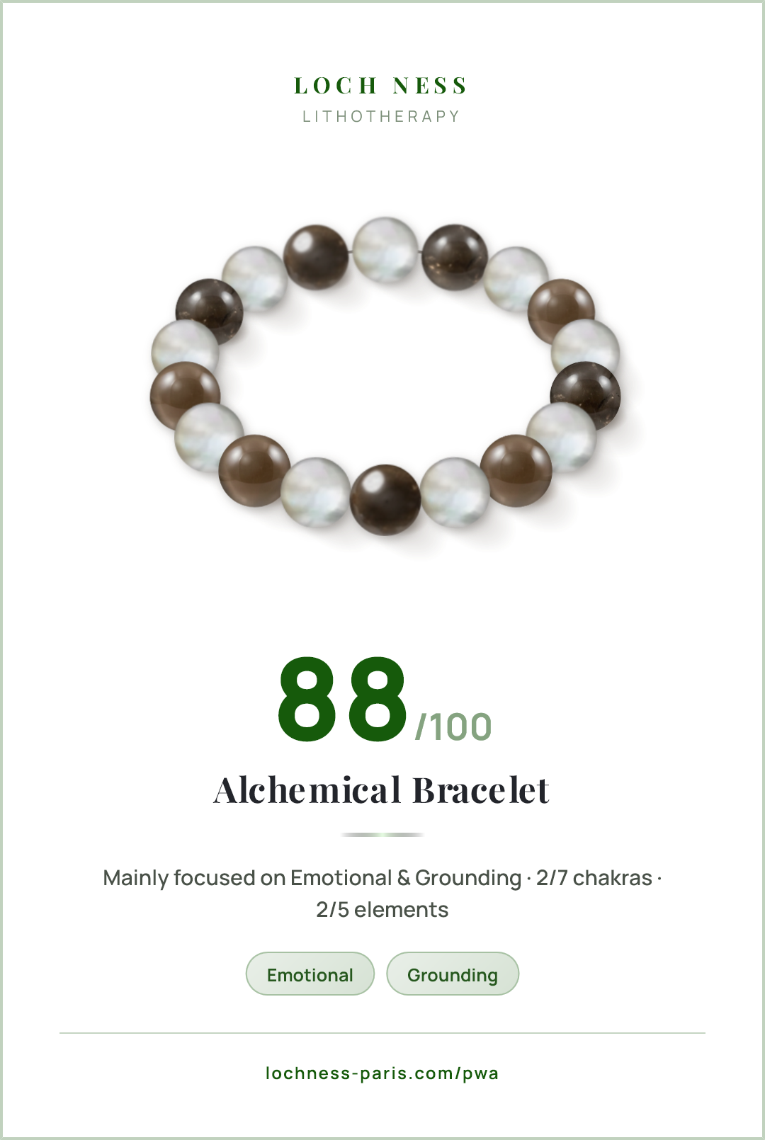 Score card Alchemical Bracelet, natural stone bracelet 88/100, made of Mother of Pearl (×9), Smoky Quartz (×9)