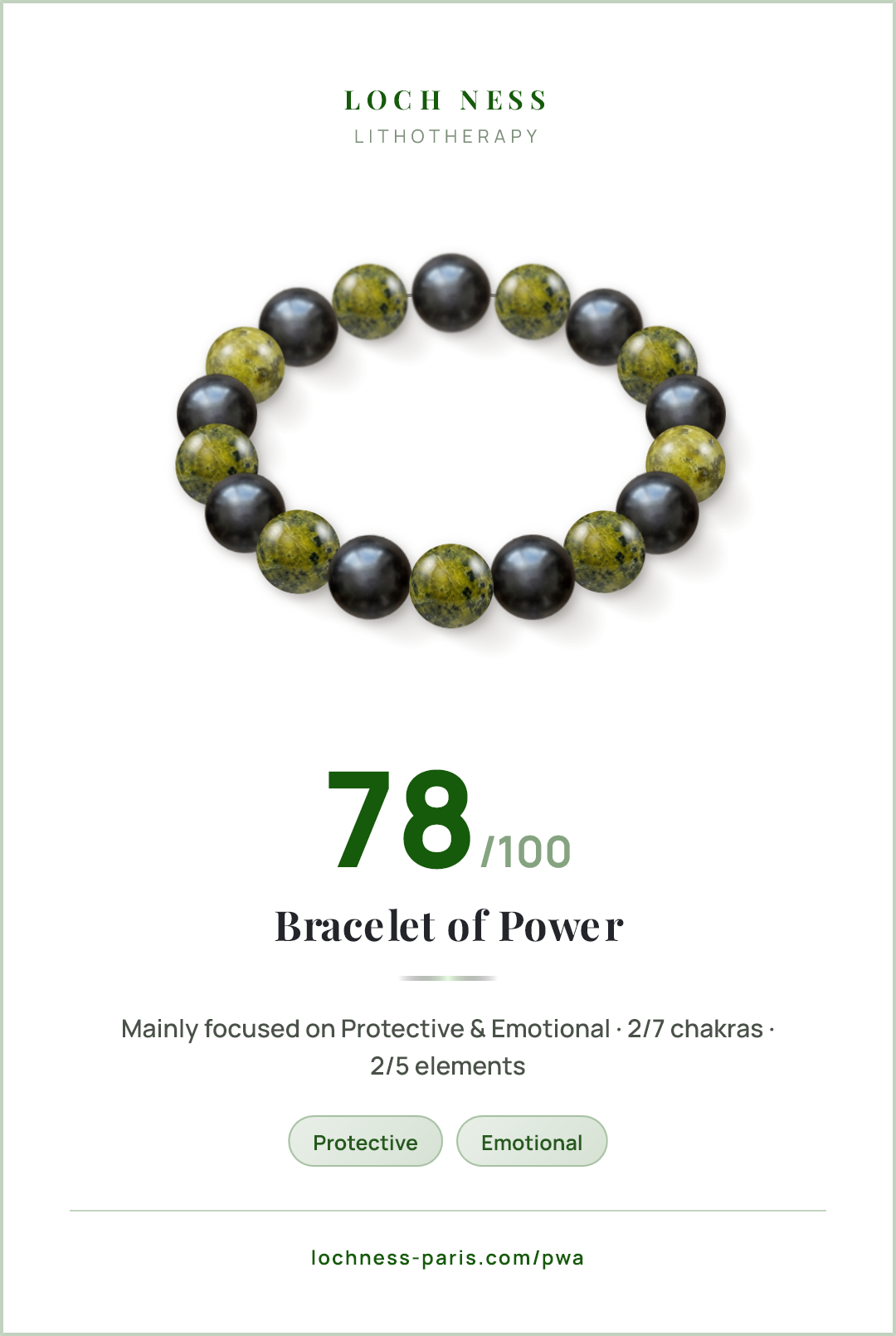Score card Bracelet of Power, natural stone bracelet 83/100, made of Obsidian (×9), Serpentine (×9)