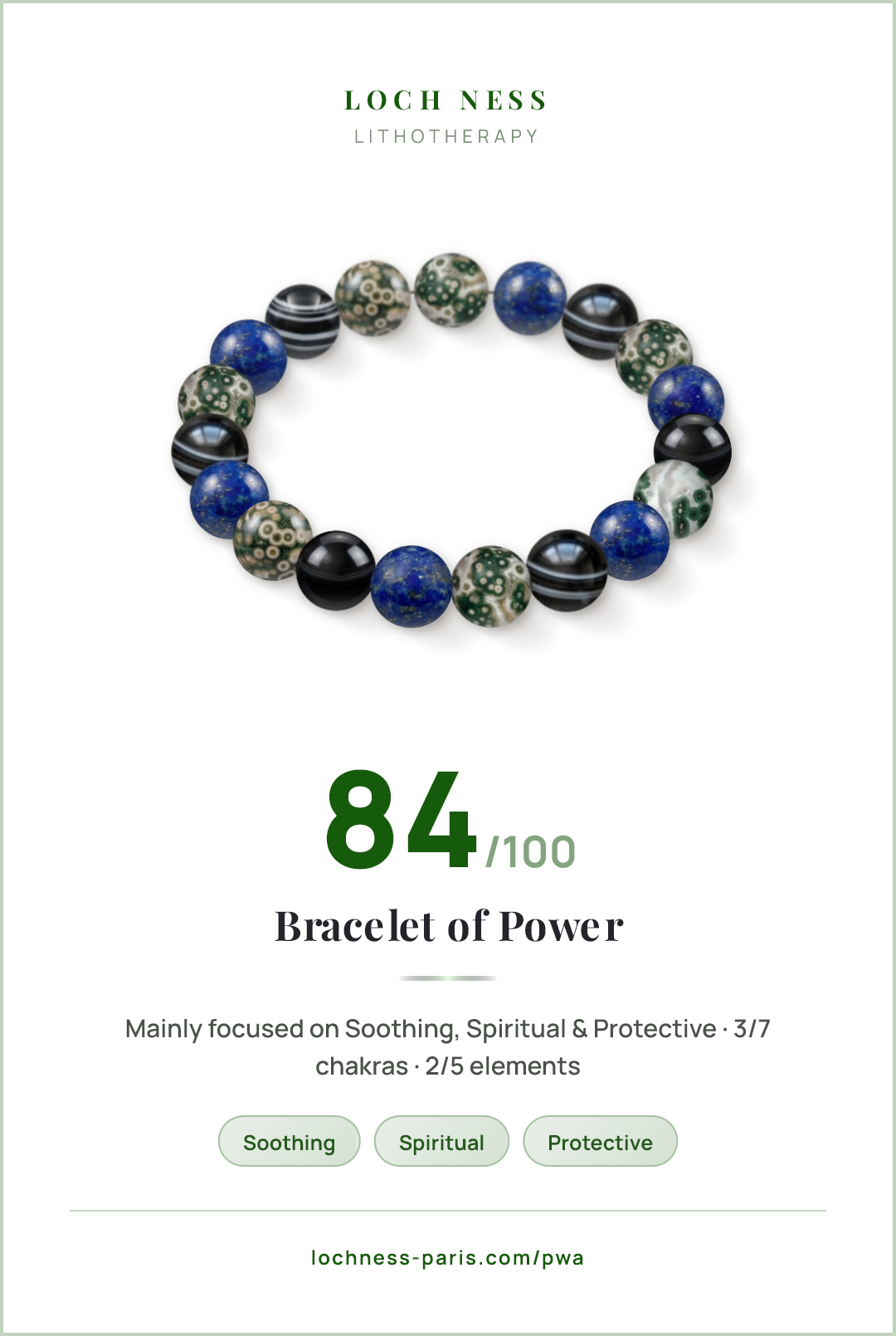 Score card Bracelet of Power, natural stone bracelet 84/100, made of Ocean Jasper (×7), Lapis Lazuli (×6), Black Agate (×6)