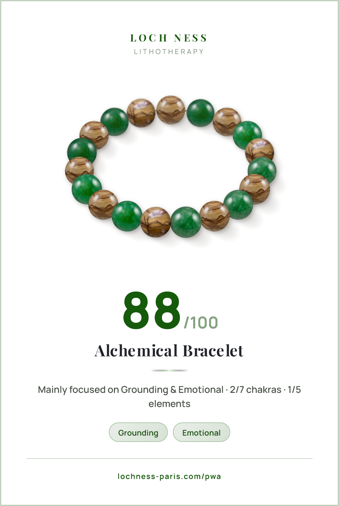 Score card Alchemical Bracelet, natural stone bracelet 88/100, made of Picture Jasper (×10), Green Dyed Quartz (Malaysia Jade) (×9)