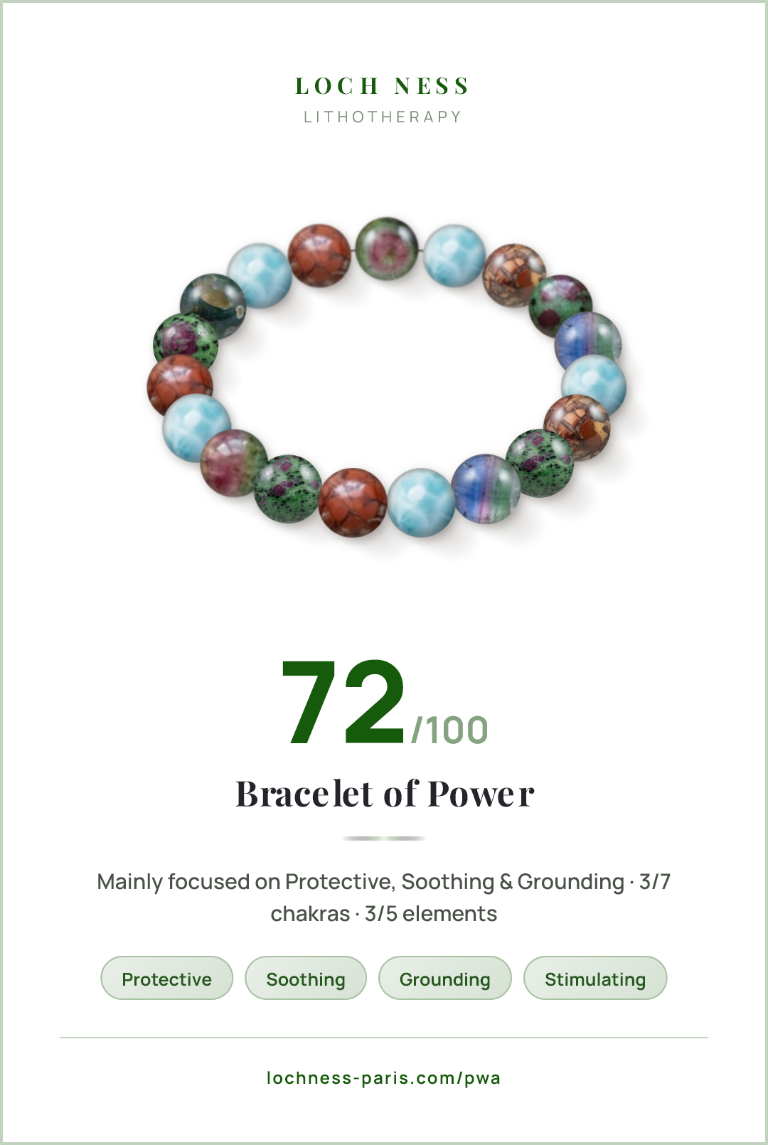 Score card Bracelet of Power, natural stone bracelet 72/100, made of Rainbow Tourmaline (×5), Larimar (×5), Brecciated Jasper (×5), Ruby Zoisite (×4)
