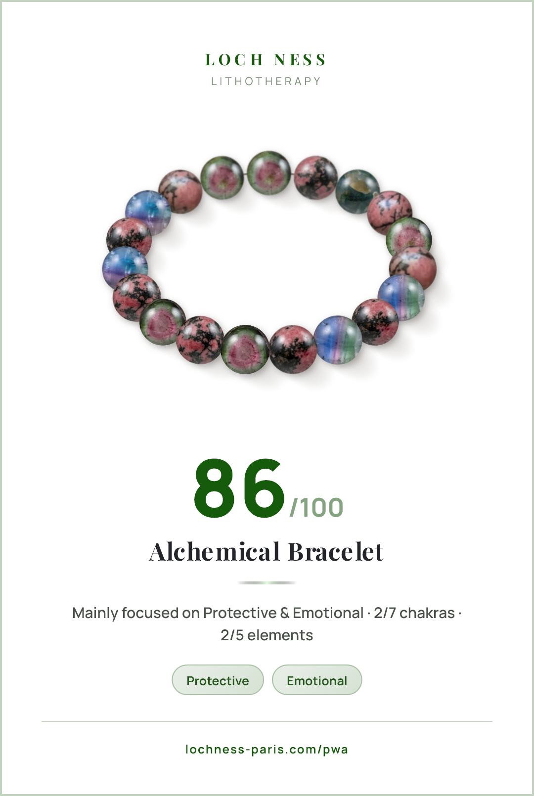 Score card Alchemical Bracelet, natural stone bracelet 86/100, made of Rainbow Tourmaline (×10), Rhodonite (×9)