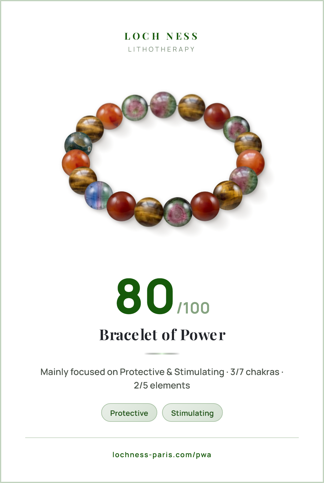 Score card Bracelet of Power, natural stone bracelet 80/100, made of Rainbow Tourmaline (×7), Tiger's Eye (×6), Carnelian (×6)
