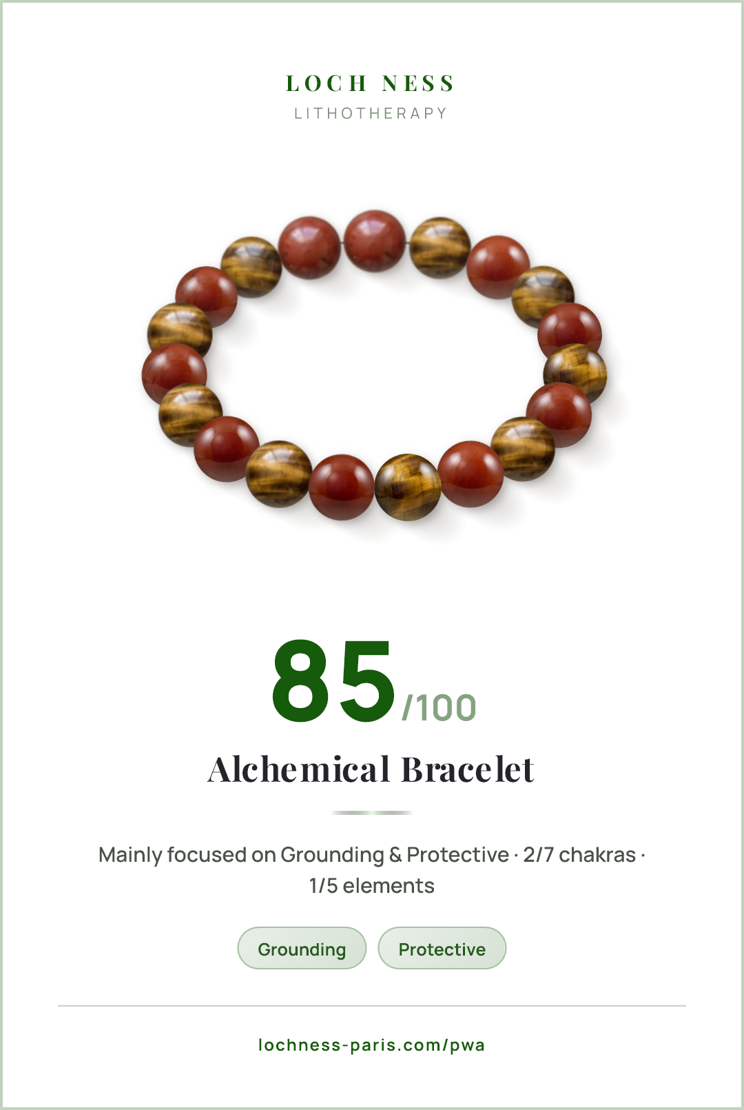 Score card Alchemical Bracelet, natural stone bracelet 85/100, made of Red Jasper (×10), Tiger's Eye (×9)