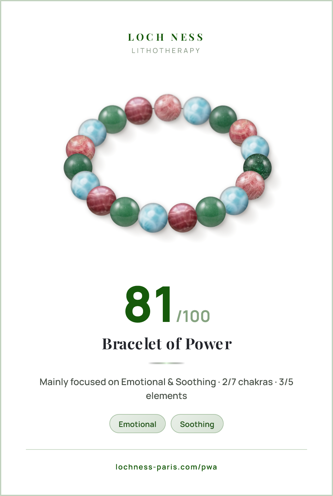 Score card Bracelet of Power, natural stone bracelet 81/100, made of Rhodochrosite (×7), Larimar (×6), Aventurine (×6)