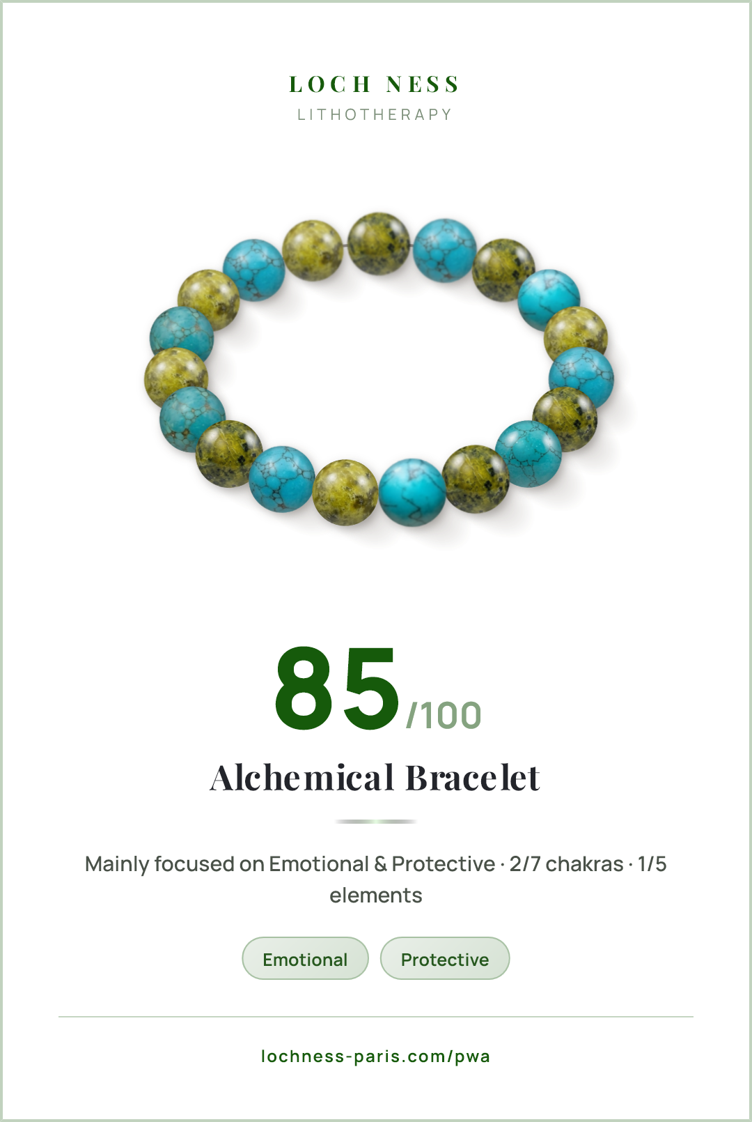 Score card Alchemical Bracelet, natural stone bracelet 85/100, made of Serpentine (×10), Turquoise (×9)