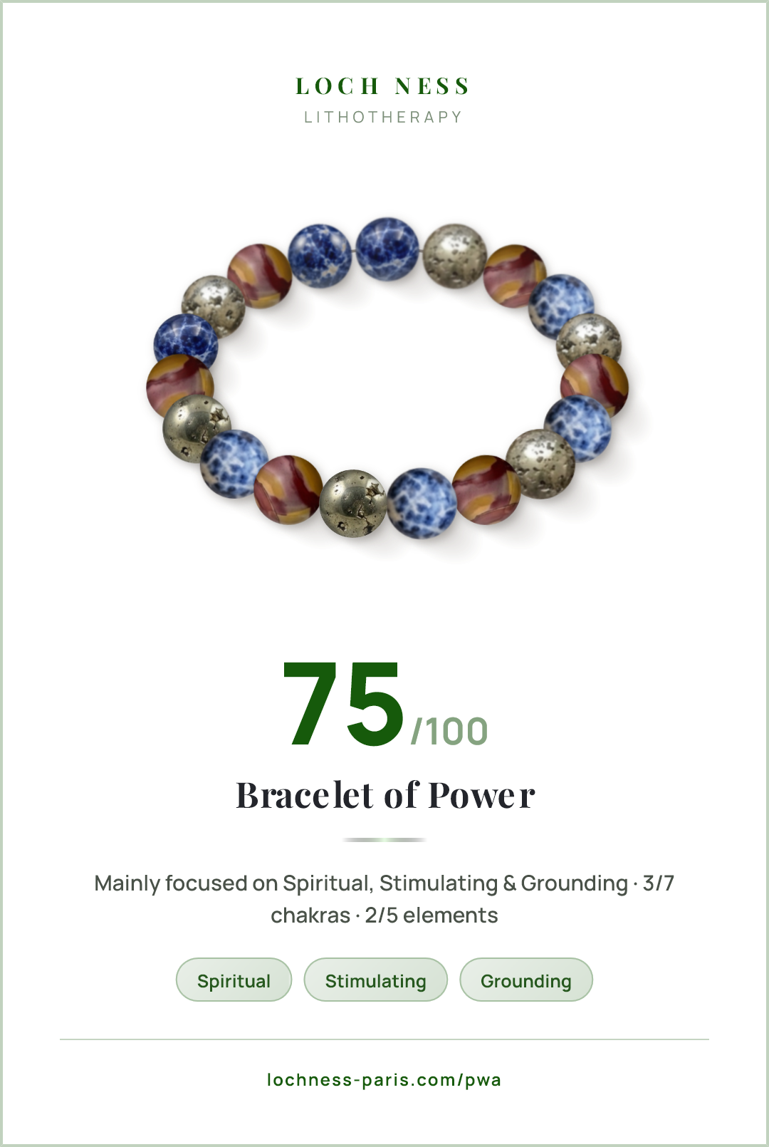 Score card Bracelet of Power, natural stone bracelet 75/100, made of Sodalite (×7), Pyrite (×6), Mookaite Jasper (×6)