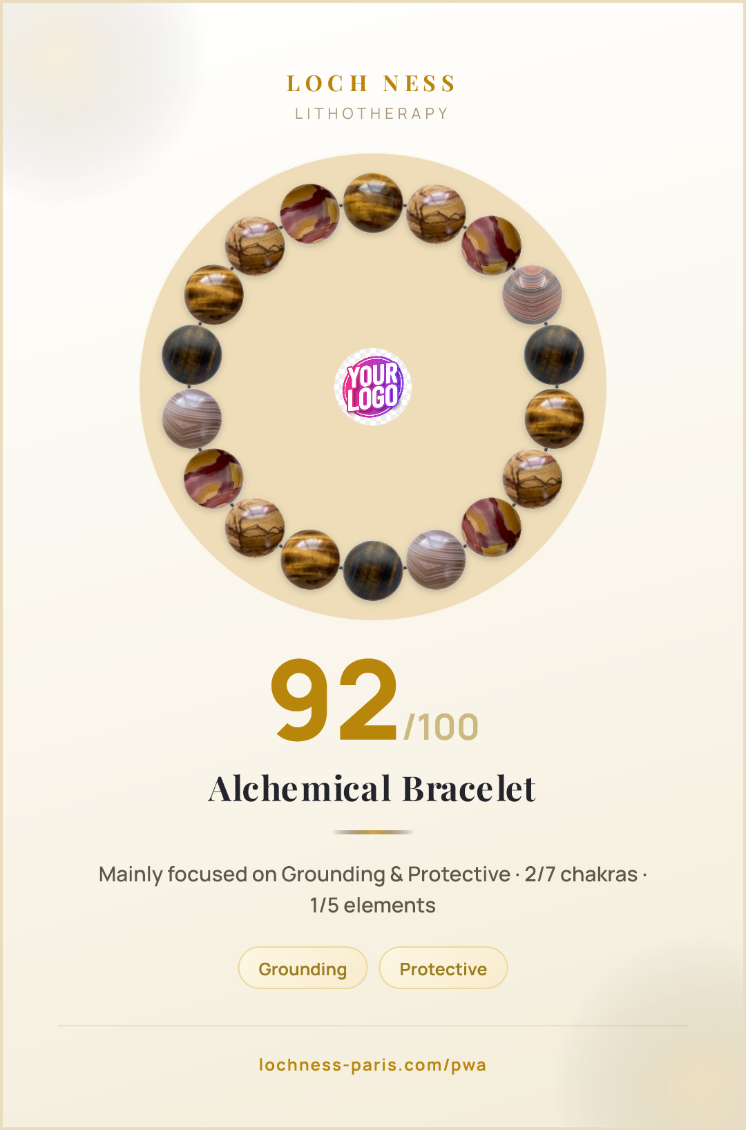 Bracelet designed in the Loch Ness bracelet builder: Tiger's Eye and Picture Jasper, with its lithotherapy score card