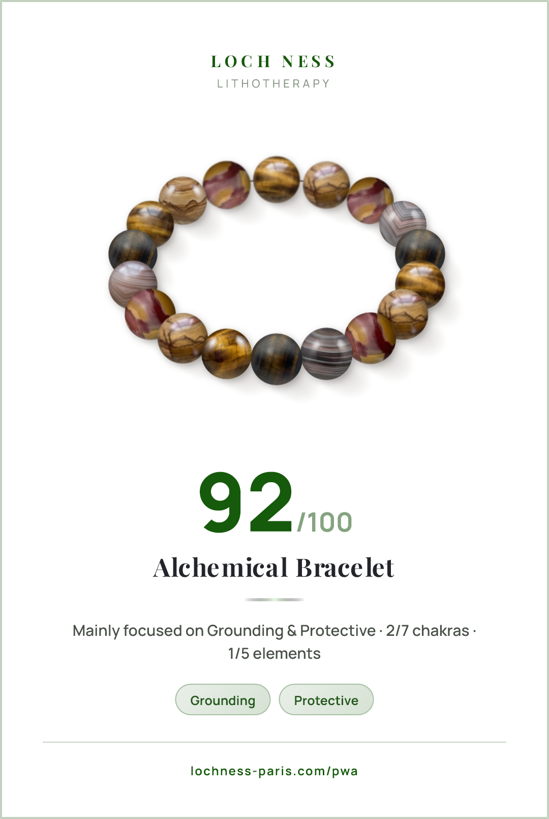 Score card Alchemical Bracelet, natural stone bracelet 92/100, made of Tiger's Eye (×4), Picture Jasper (×4), Mookaite Jasper (×4), Botswana Agate (×3), Iron Eye (×3)