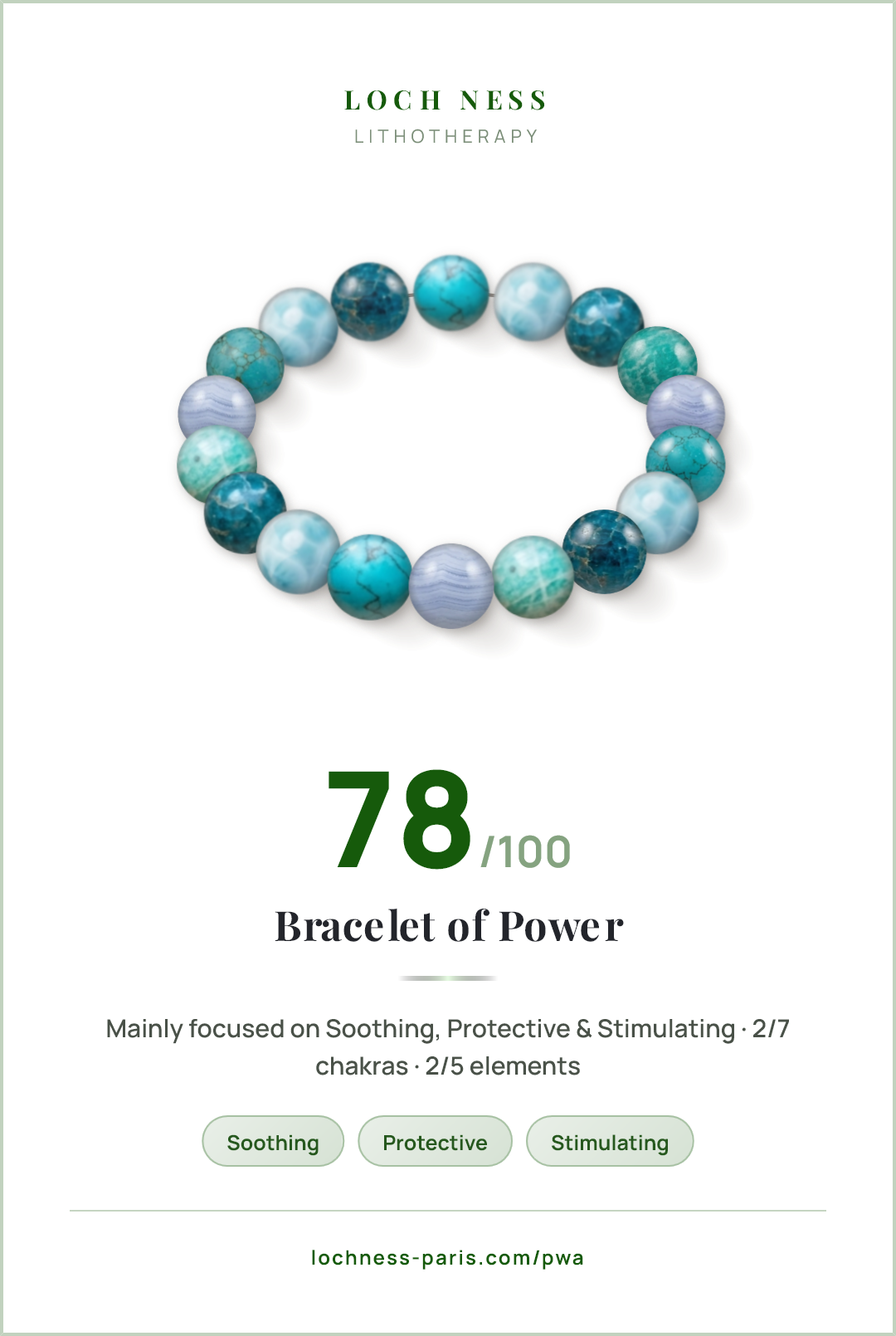 Score card Bracelet of Power, natural stone bracelet 78/100, made of Turquoise (×4), Larimar (×4), Blue Apatite (×4), Amazonite (×3), Blue Lace Agate (×3)