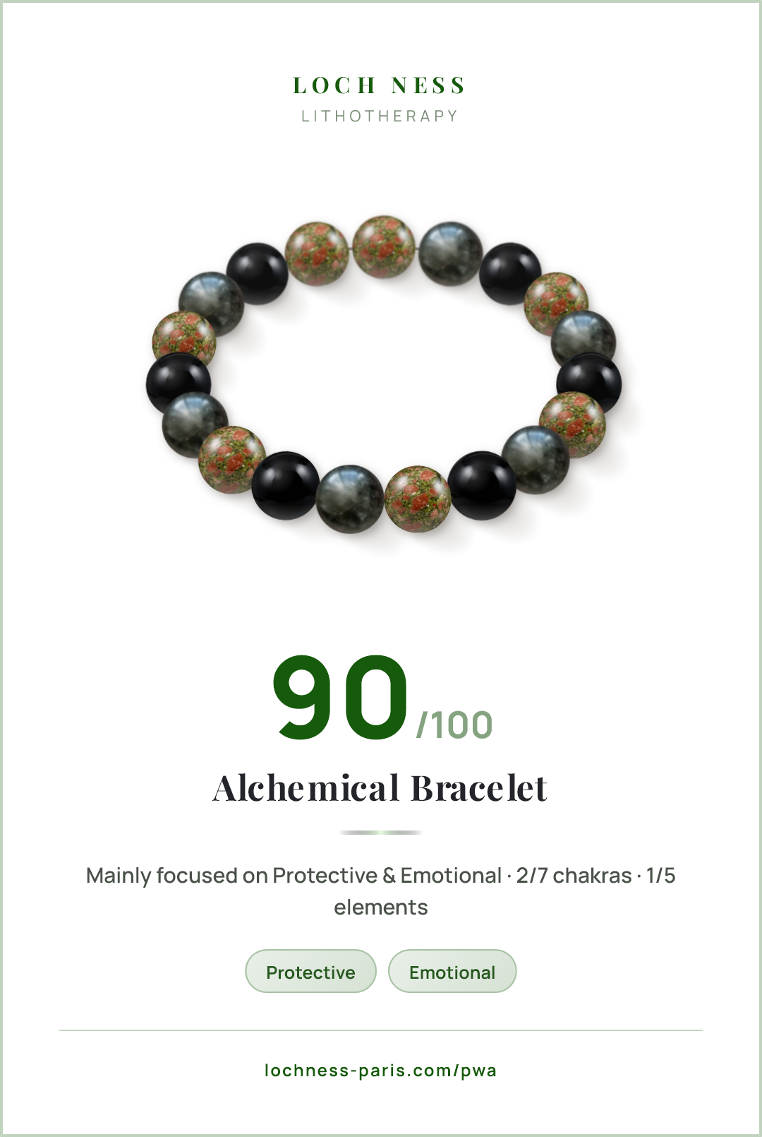 Score card Alchemical Bracelet, natural stone bracelet 90/100, made of Unakite (×7), Tourmaline (×6), Black Onyx (×6)