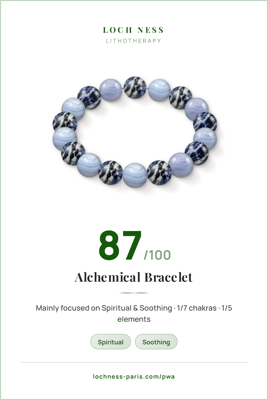 Score card Alchemical Bracelet, natural stone bracelet 87/100, made of Zebra Sodalite (×9), Blue Lace Agate (×9)