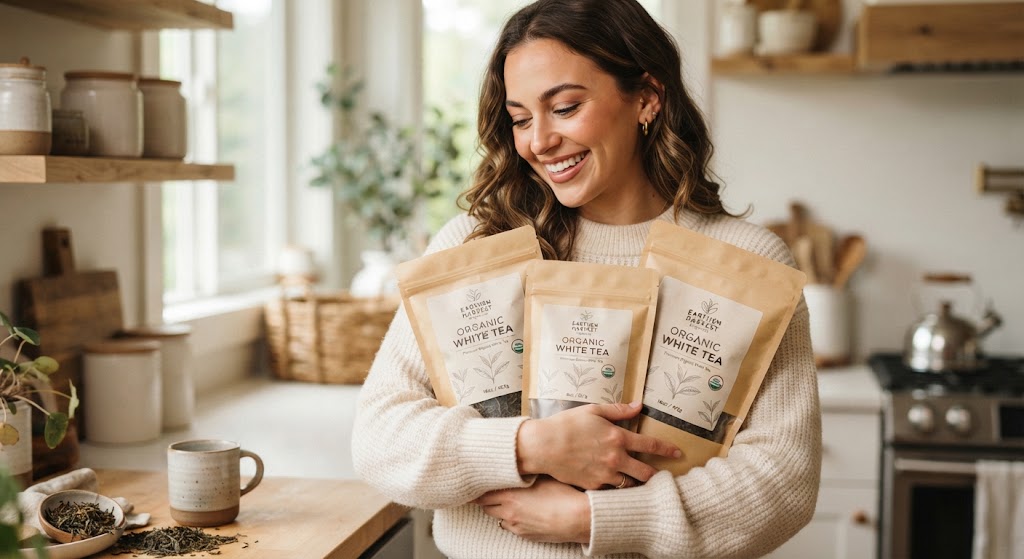 A customer holding three bags of tea from the atelier