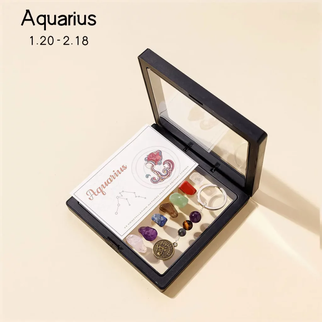 Natural Crystal 12 Zodiac Signs Keychain Set, Colorful Meditation Gift