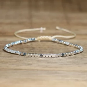 White Hematite Boho Bracelet, Adjustable Unisex - Image 1