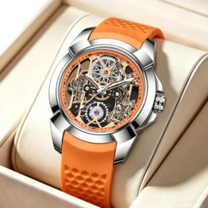 3D Skeleton orange Dial Luxury Quartz Watch for Men - Image 1