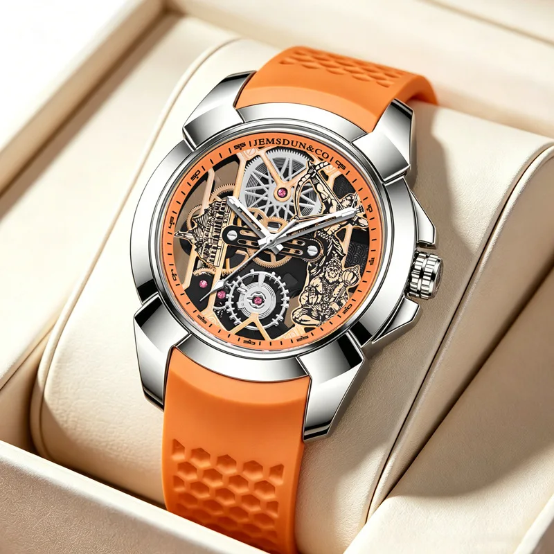 3D Skeleton orange Dial Luxury Quartz Watch for Men