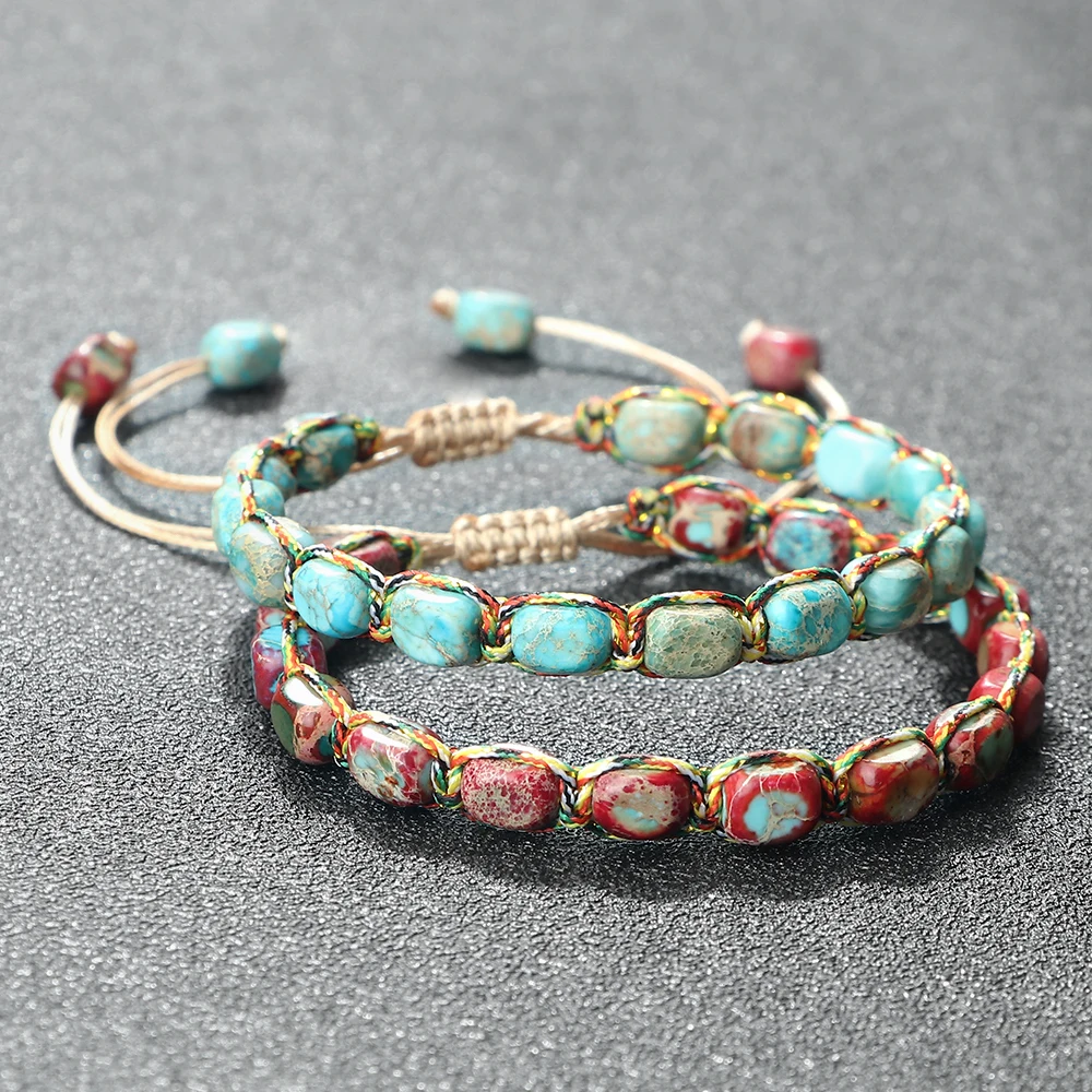 Bohemian Imperial Stone Beaded Bracelet with Handmade Braided String