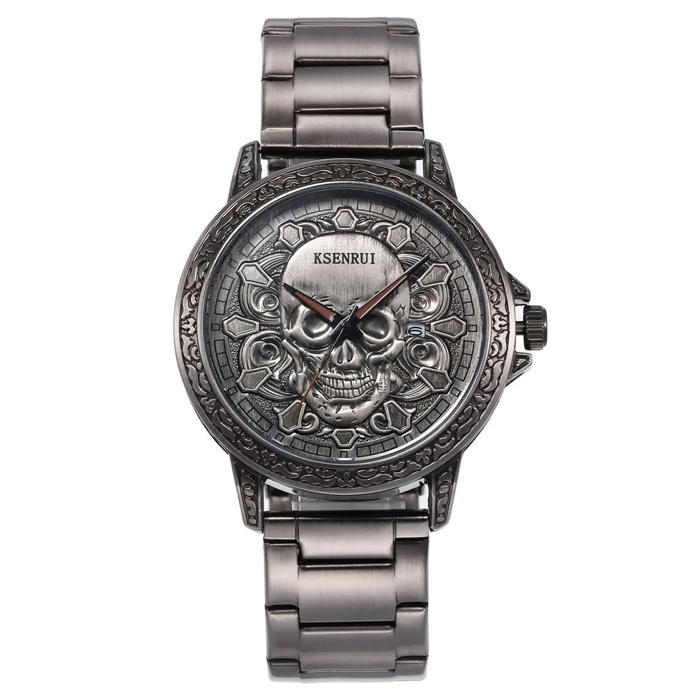 Skull Dial Quartz Watch, Steel & Leather Strap