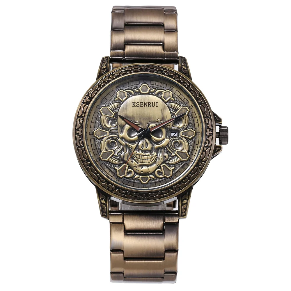 Skull Dial Quartz Watch, Steel & Leather Strap