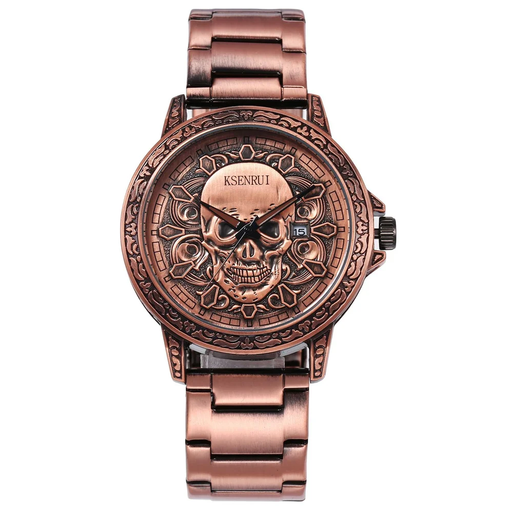Skull Dial Quartz Watch, Steel & Leather Strap