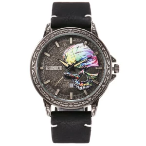 Skull Dial Quartz Watch, Steel & Leather Strap - Image 11