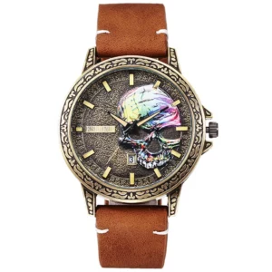 Skull Dial Quartz Watch, Steel & Leather Strap - Image 8