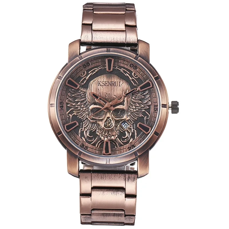 Skull Dial Quartz Watch, Steel & Leather Strap