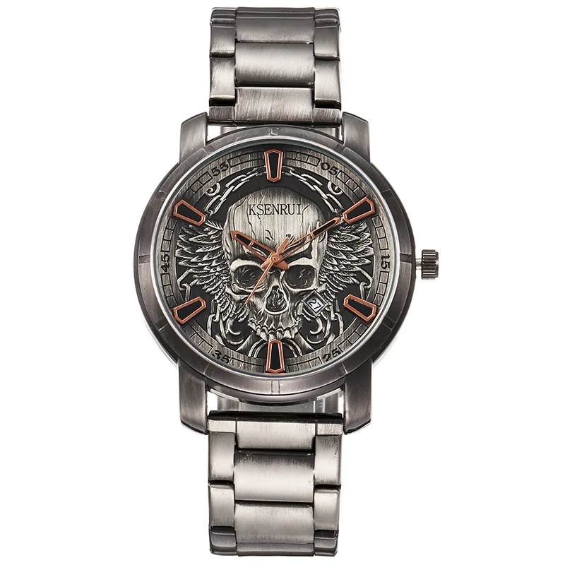 Skull Dial Quartz Watch, Steel & Leather Strap