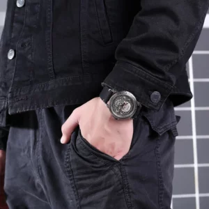 Skull Dial Quartz Watch, Steel & Leather Strap - Image 3