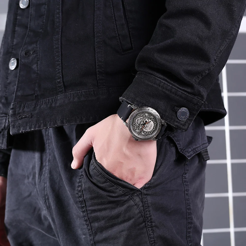 Skull Dial Quartz Watch, Steel & Leather Strap