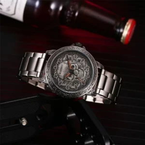 Skull Dial Quartz Watch, Steel & Leather Strap - Image 4