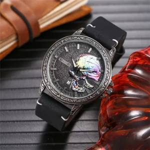 Skull Dial Quartz Watch, Steel & Leather Strap - Image 5