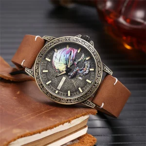 Skull Dial Quartz Watch, Steel & Leather Strap - Image 6