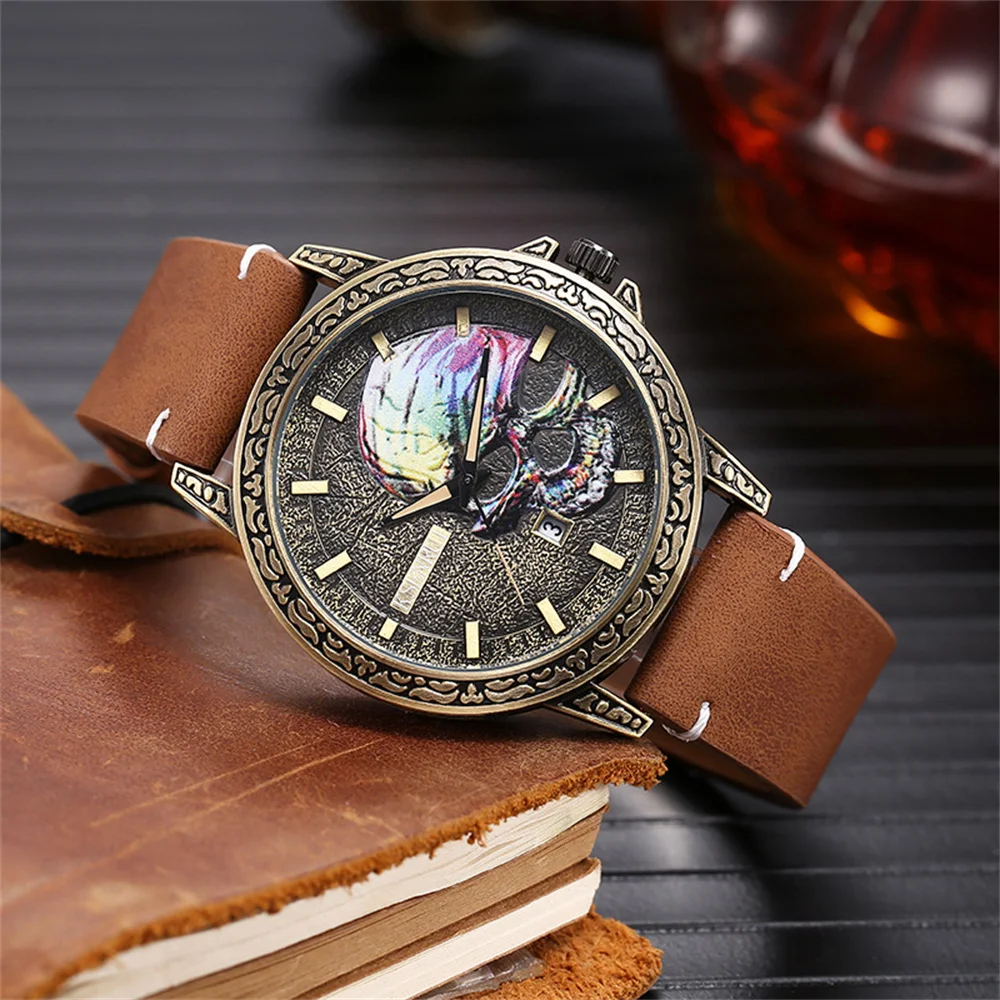 Skull Dial Quartz Watch, Steel & Leather Strap