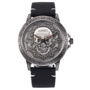 Skull Dial Quartz Watch, Steel & Leather Strap - Image 13