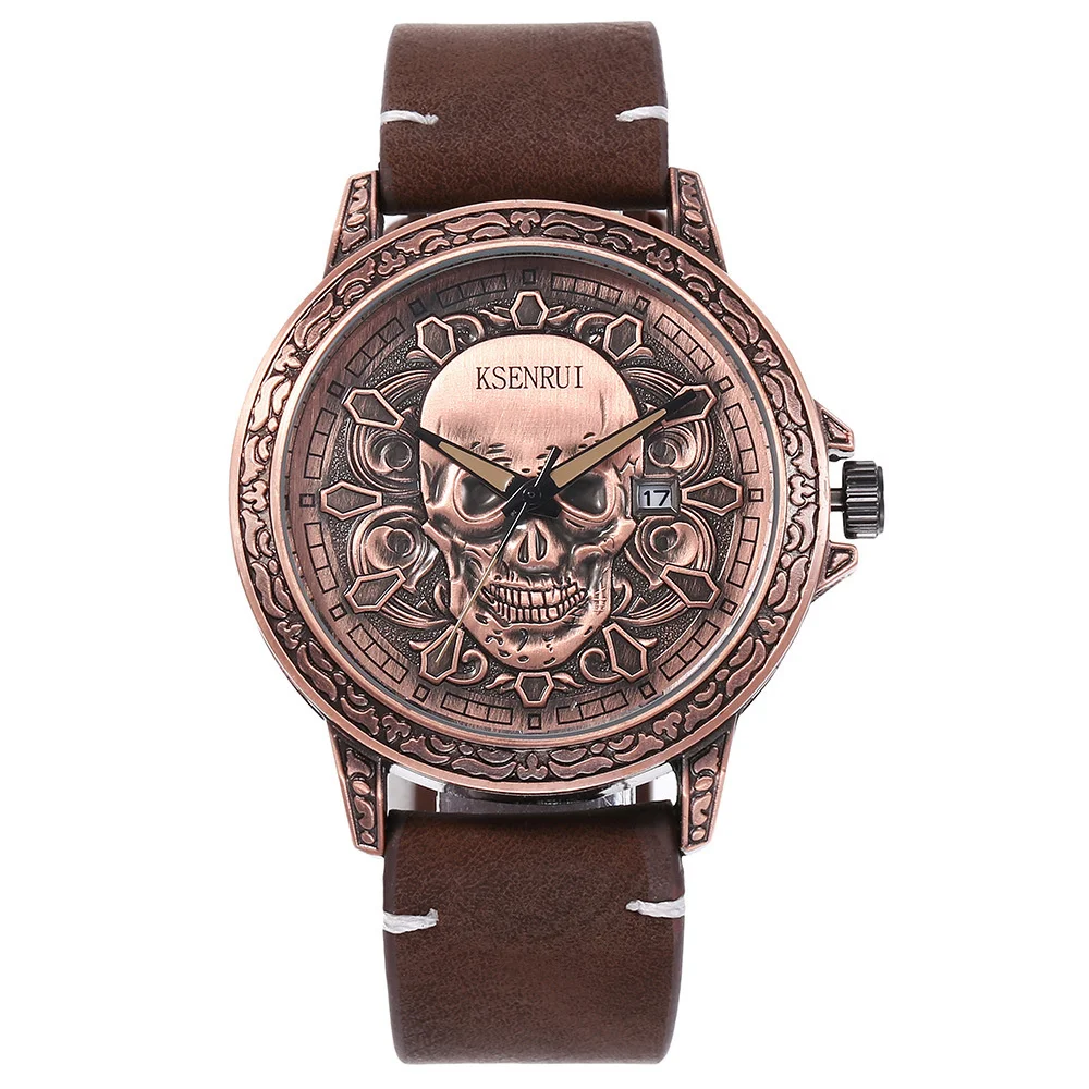 Skull Dial Quartz Watch, Steel & Leather Strap